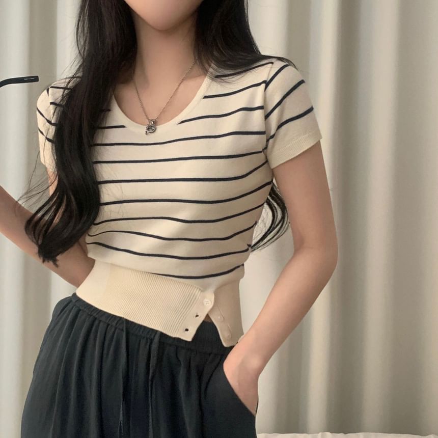 Striped Cropped Knit Top with Scoop Neck