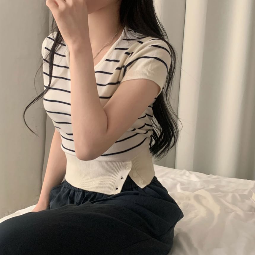 Striped Cropped Knit Top with Scoop Neck
