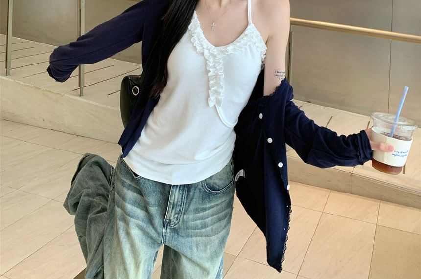 Ruffle Trim Camisole & Lace Cardigan Set