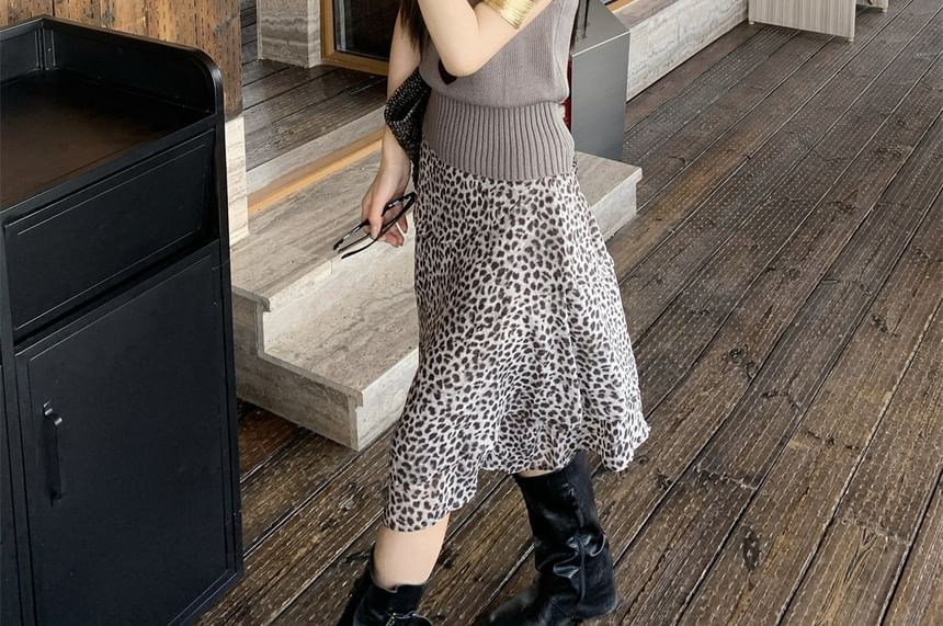 Leopard Print Midi Skirt with Mock Neck Top