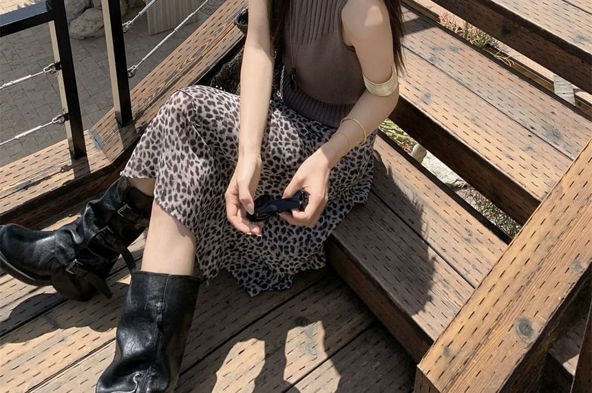 Leopard Print Midi Skirt with Mock Neck Top