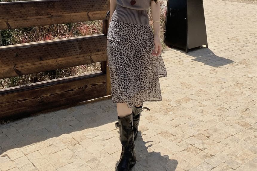 Leopard Print Midi Skirt with Mock Neck Top