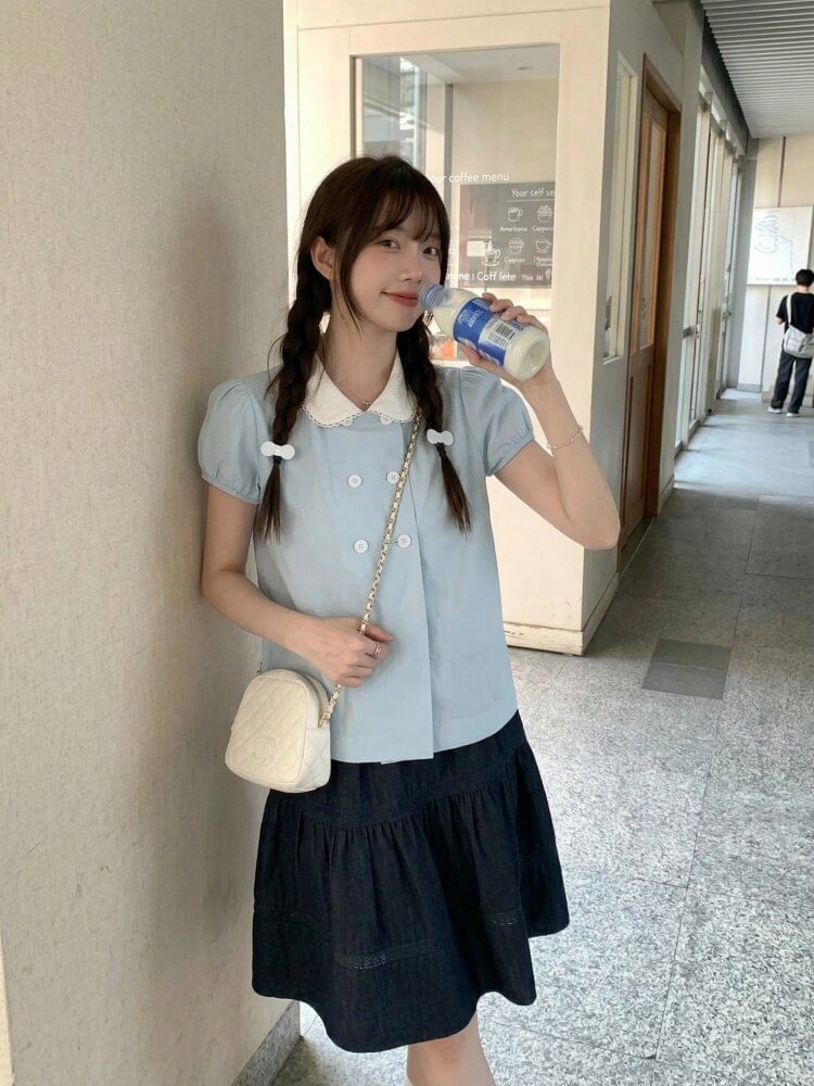 Double-Breasted Collared Blouse with Short Sleeves