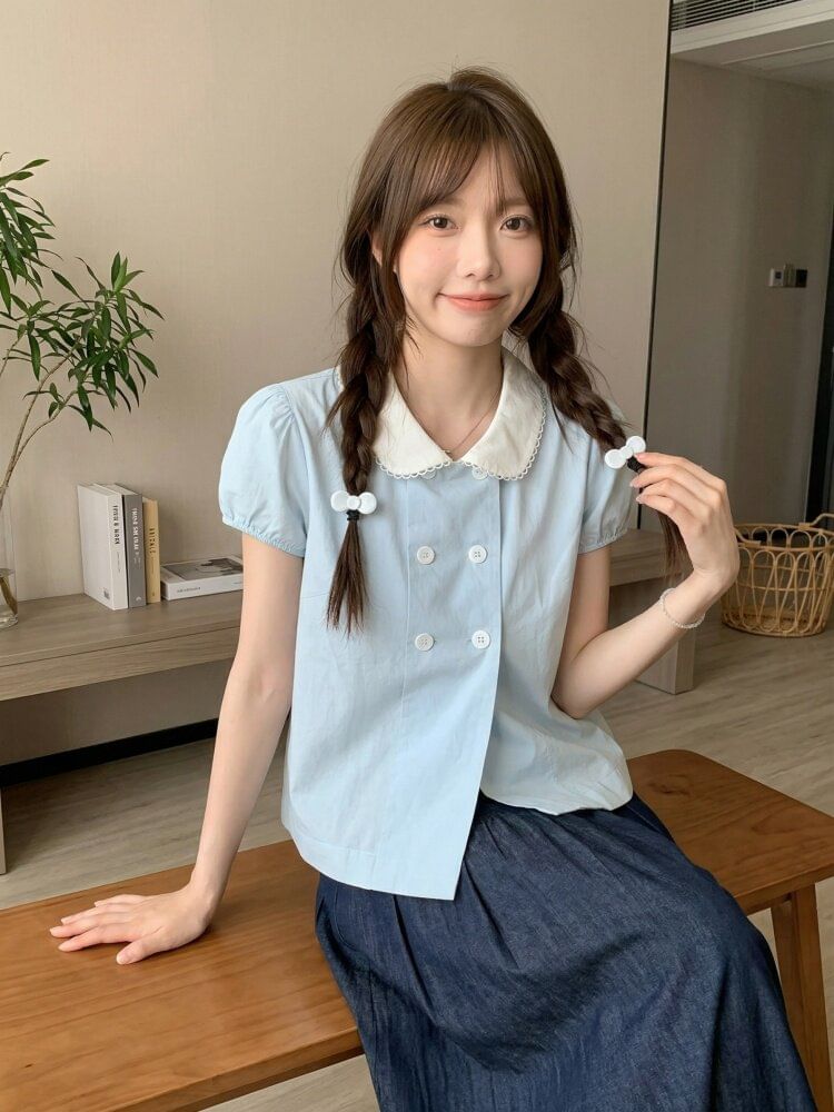 Double-Breasted Collared Blouse with Short Sleeves