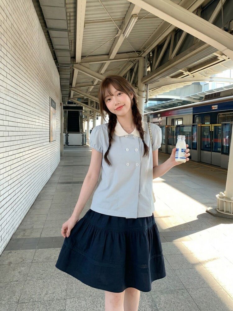 Double-Breasted Collared Blouse with Short Sleeves