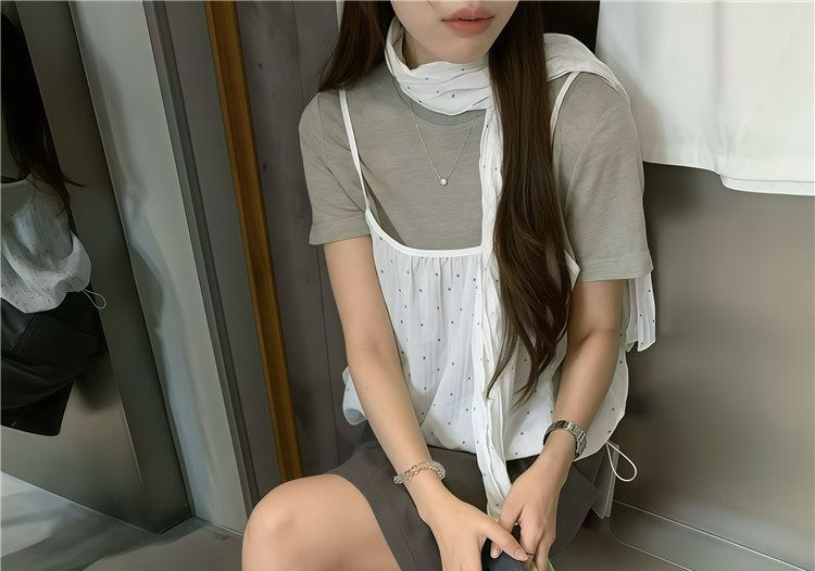 Crew Neck T-Shirt, Camisole & Scarf Set
