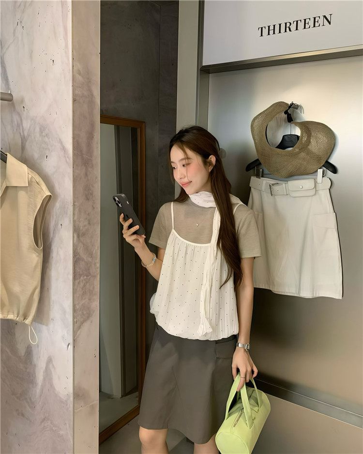Crew Neck T-Shirt, Camisole & Scarf Set