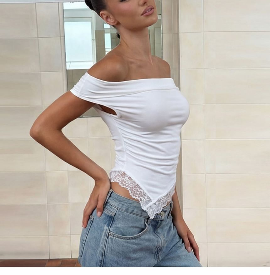 Off Shoulder Plain Lace Panel Asymmetric Hem Slim-Fit Top