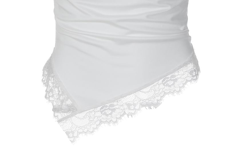 Off Shoulder Plain Lace Panel Asymmetric Hem Slim-Fit Top