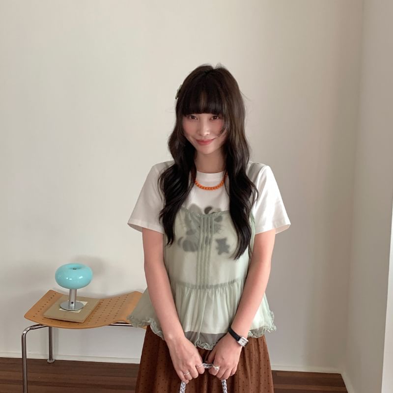 Sheer Frill Trim Pintuck Crop Camisole