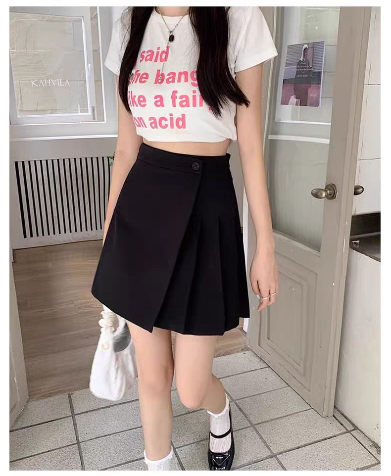 High Waist Plain Asymmetrical Pleated Mini A-Line Skirt