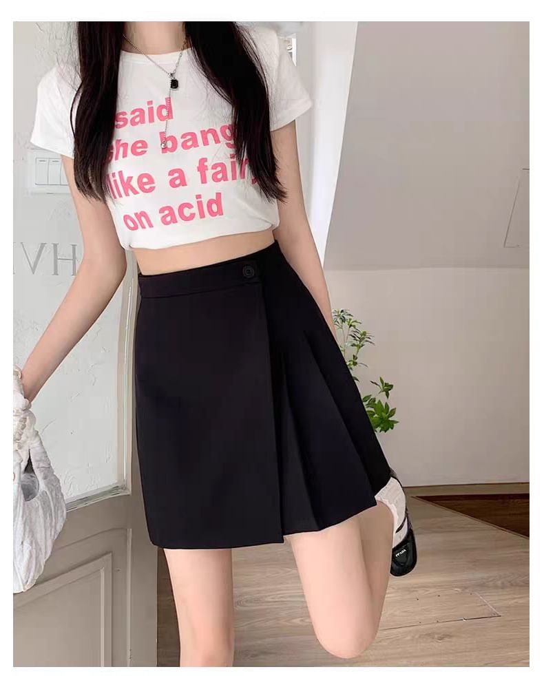 High Waist Plain Asymmetrical Pleated Mini A-Line Skirt