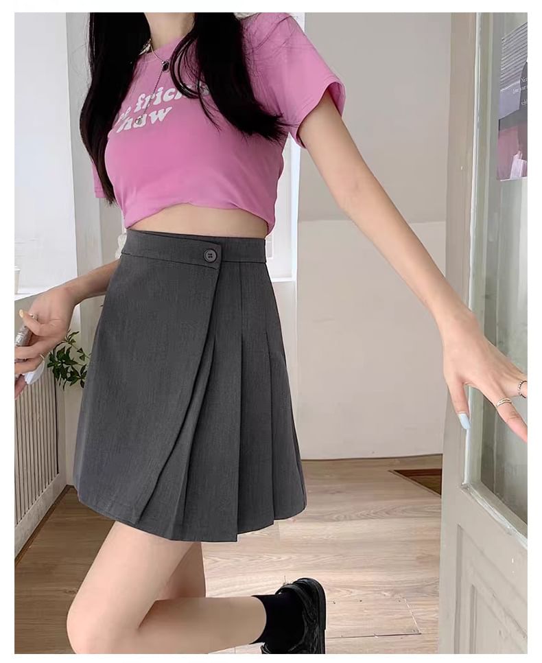High Waist Plain Asymmetrical Pleated Mini A-Line Skirt