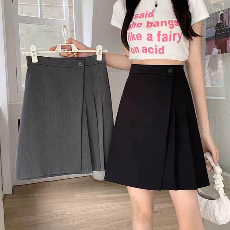 High Waist Plain Asymmetrical Pleated Mini A-Line Skirt