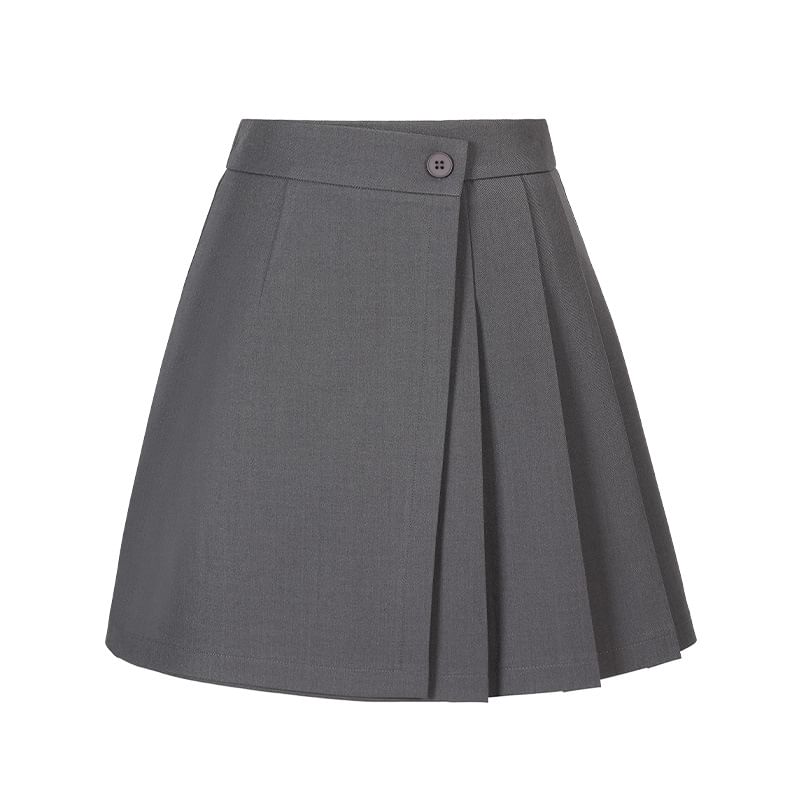 High Waist Plain Asymmetrical Pleated Mini A-Line Skirt