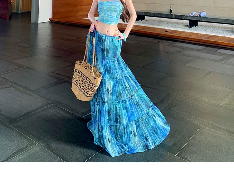 Tie Dye Ruched Crop Tube Top and Frill Trim Maxi Skirt Set