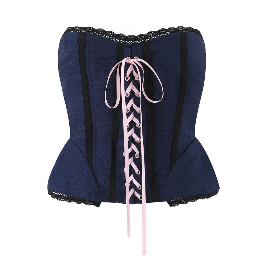 Lace-Up Corset Tube Top with Lace Trim