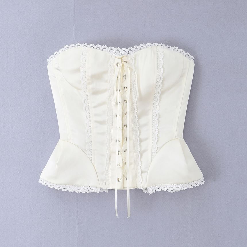 Lace-Up Corset Tube Top with Lace Trim