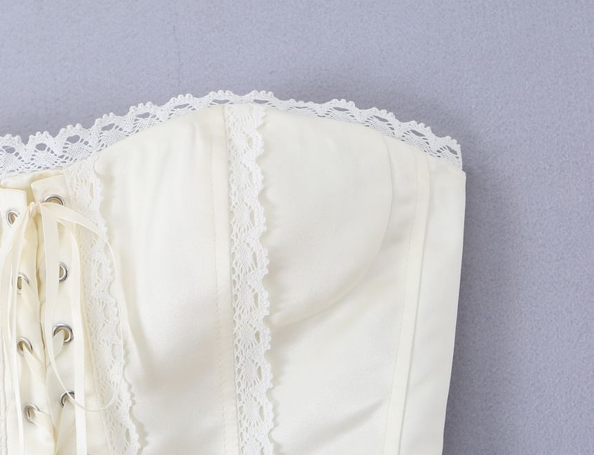 Lace-Up Corset Tube Top with Lace Trim