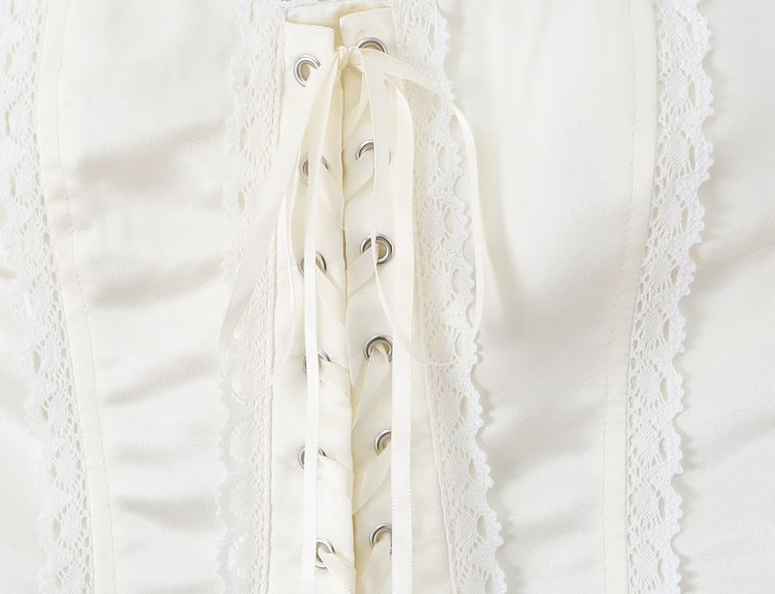 Lace-Up Corset Tube Top with Lace Trim