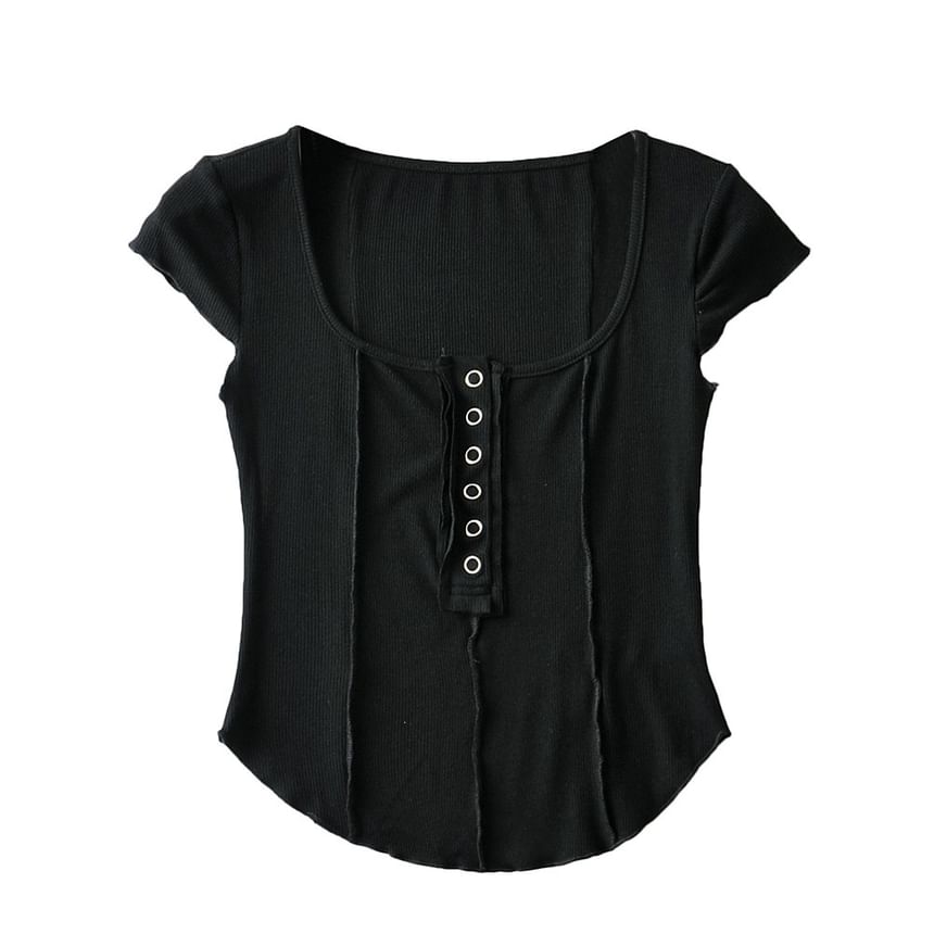 Ribbed Half-Buttoned Crop Scoop Neck Short Tee