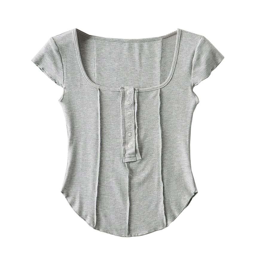 Ribbed Half-Buttoned Crop Scoop Neck Short Tee