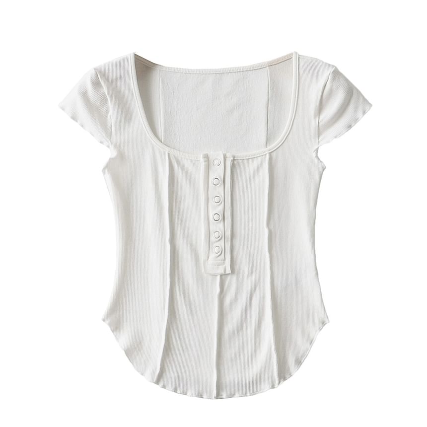 Ribbed Half-Buttoned Crop Scoop Neck Short Tee