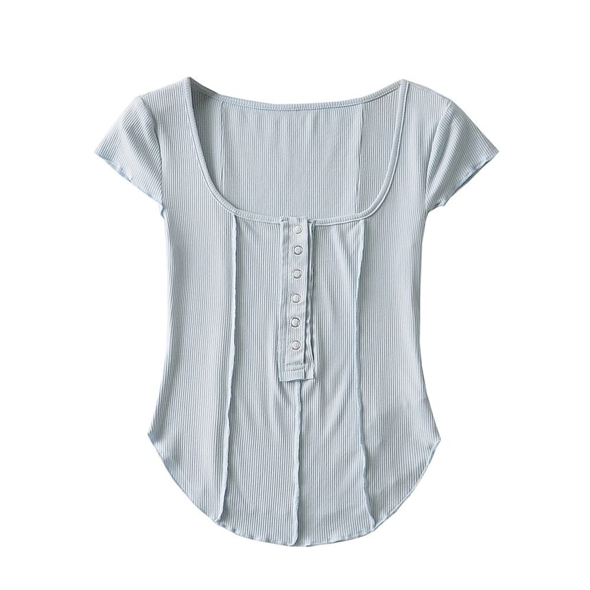 Ribbed Half-Buttoned Crop Scoop Neck Short Tee