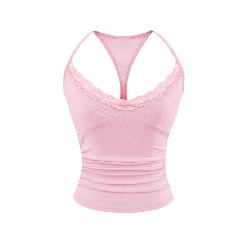 Ruched Racerback Crop Top with Lace Trim
