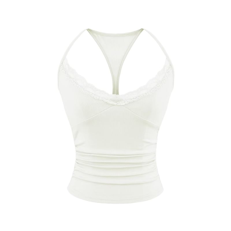 Ruched Racerback Crop Top with Lace Trim