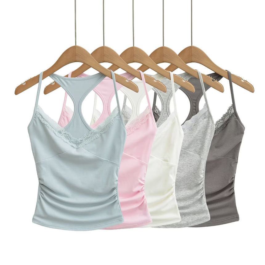 Ruched Racerback Crop Top with Lace Trim