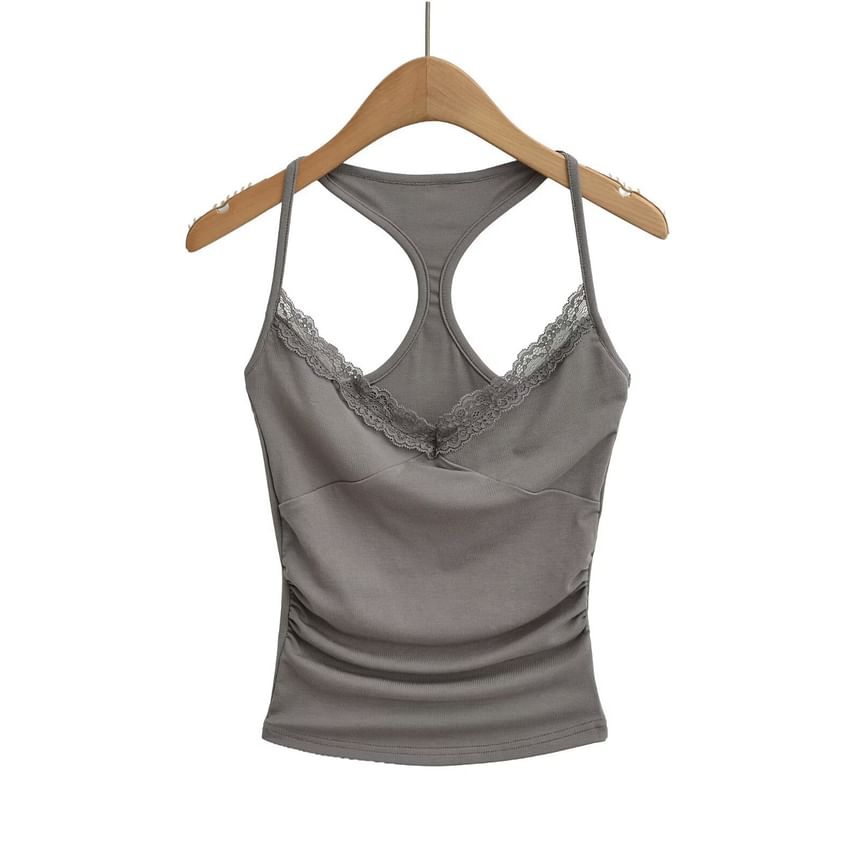 Ruched Racerback Crop Top with Lace Trim