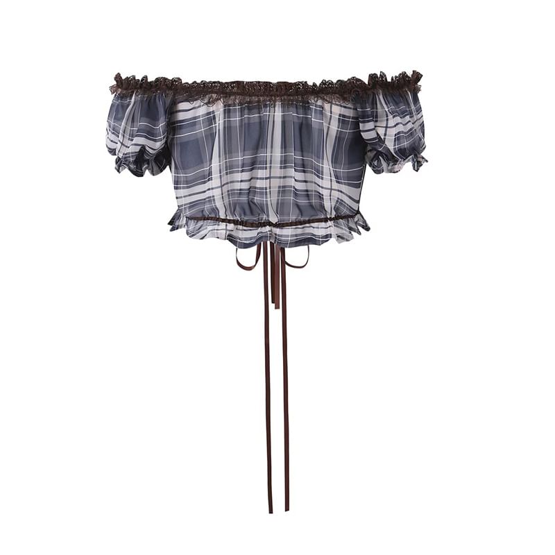 Plaid Lace Panel Crop Top with Puff Sleeves