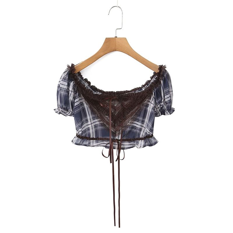Plaid Lace Panel Crop Top with Puff Sleeves