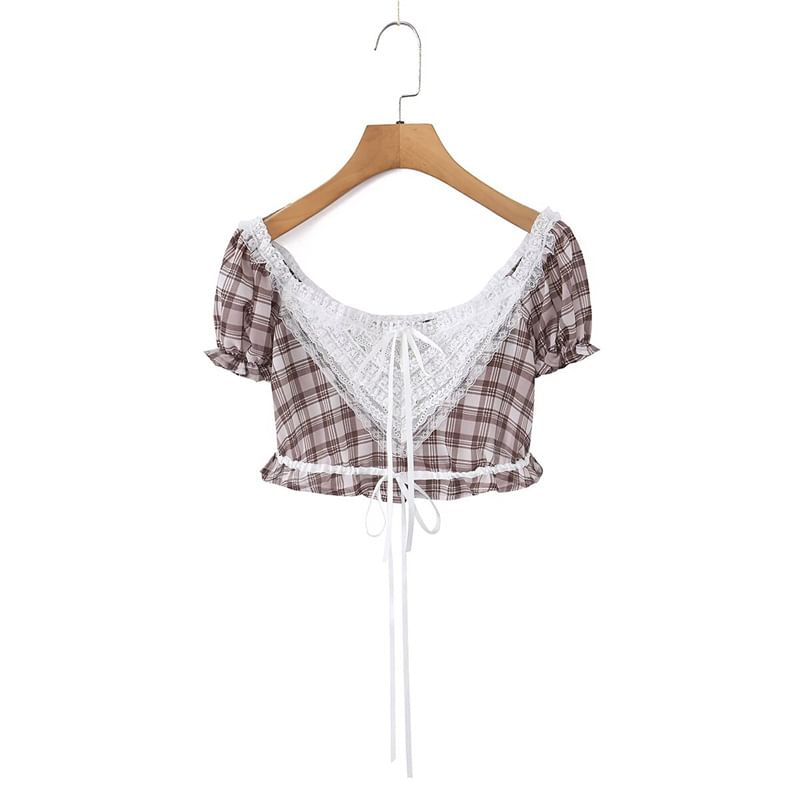 Plaid Lace Panel Crop Top with Puff Sleeves