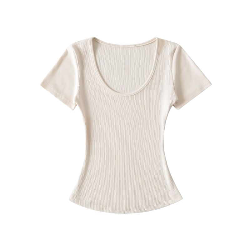 Ribbed Scoop Neck Crop T-Shirt with Short Sleeves