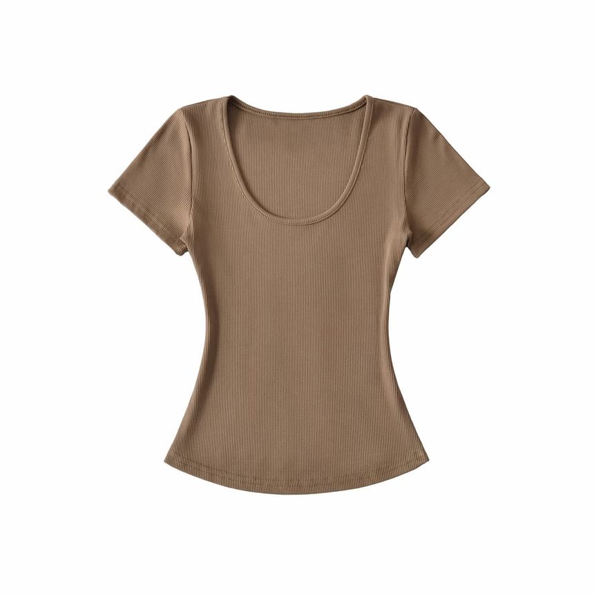 Ribbed Scoop Neck Crop T-Shirt with Short Sleeves