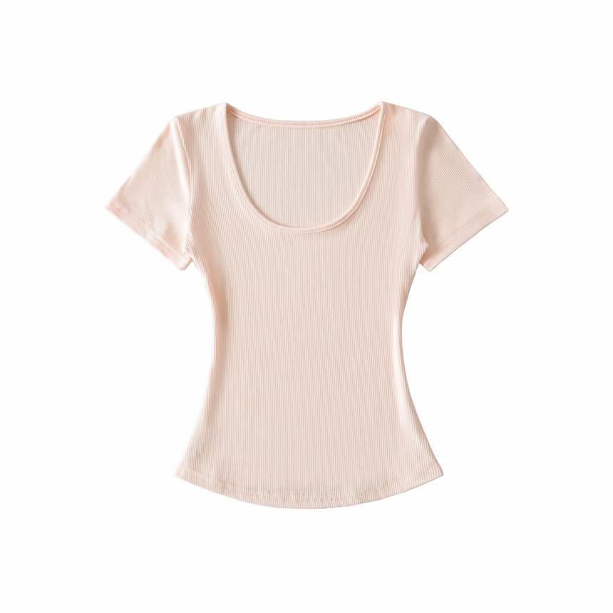 Ribbed Scoop Neck Crop T-Shirt with Short Sleeves
