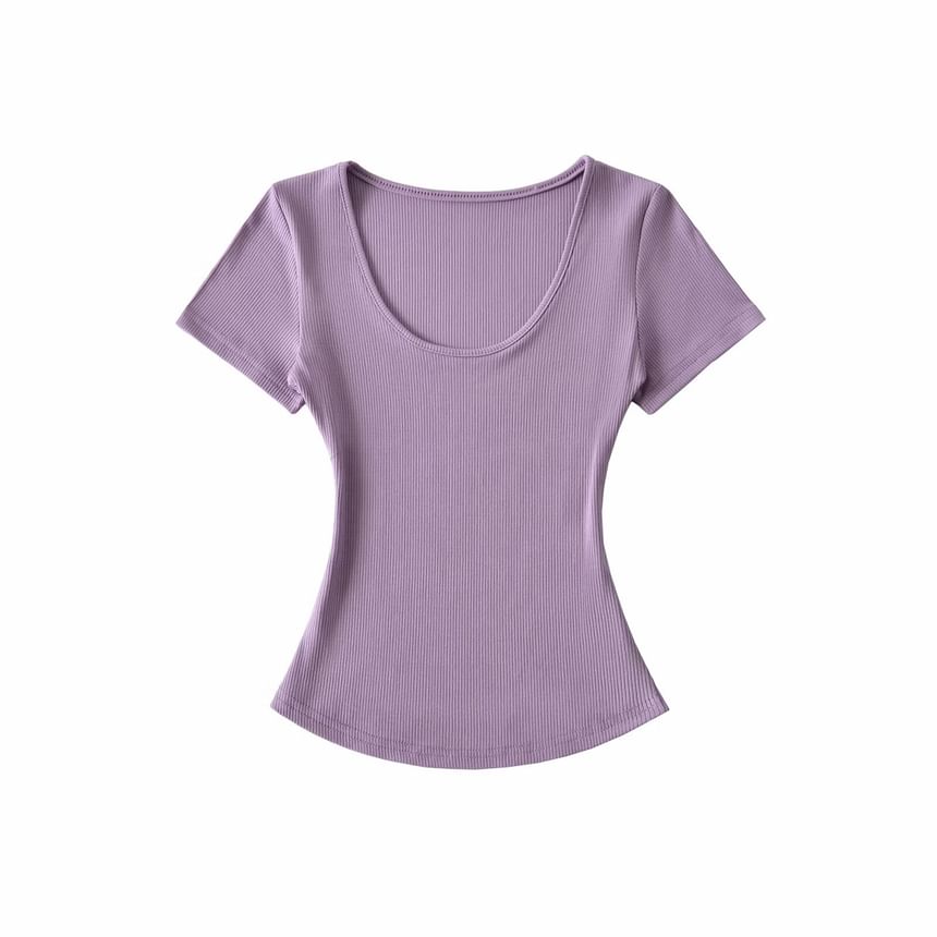 Ribbed Scoop Neck Crop T-Shirt with Short Sleeves