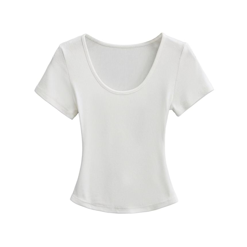Ribbed Scoop Neck Crop T-Shirt with Short Sleeves