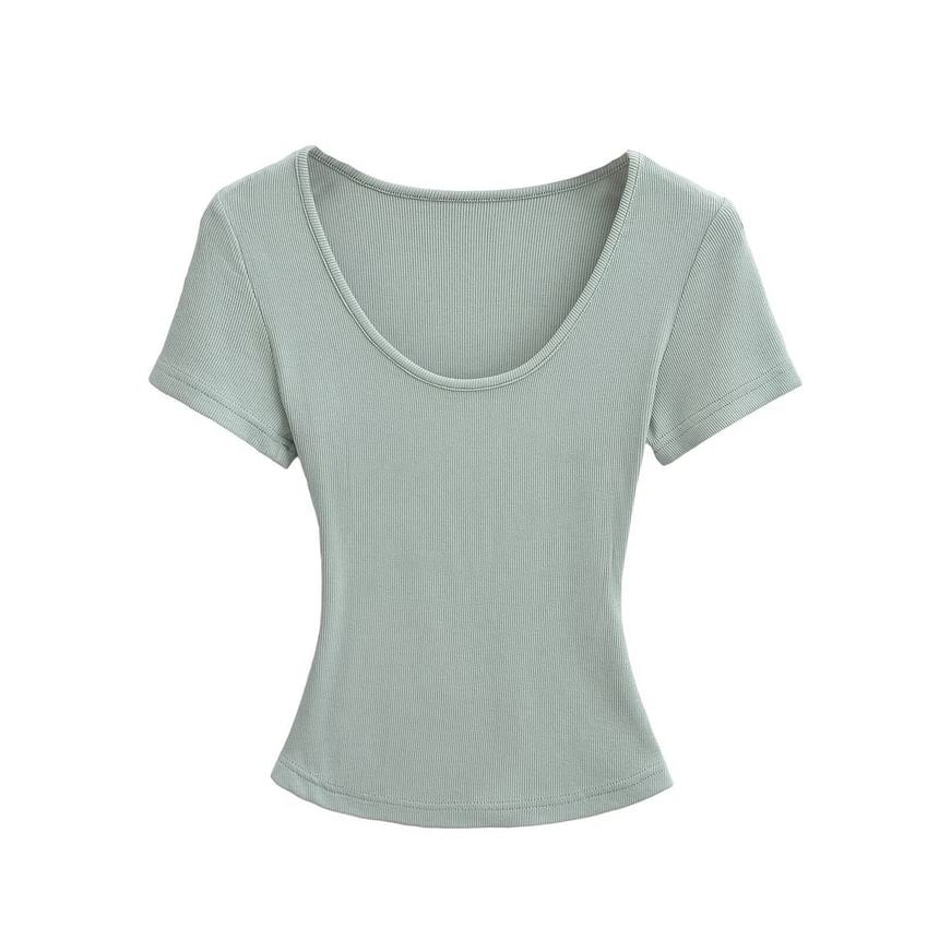 Ribbed Scoop Neck Crop T-Shirt with Short Sleeves