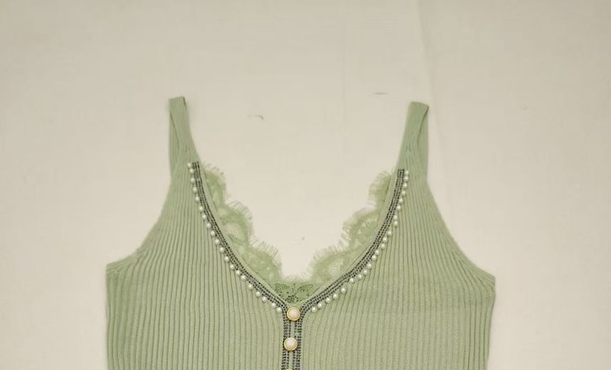 V-Neck Faux Pearl Button Lace Panel Ribbed Knit Camisole Top