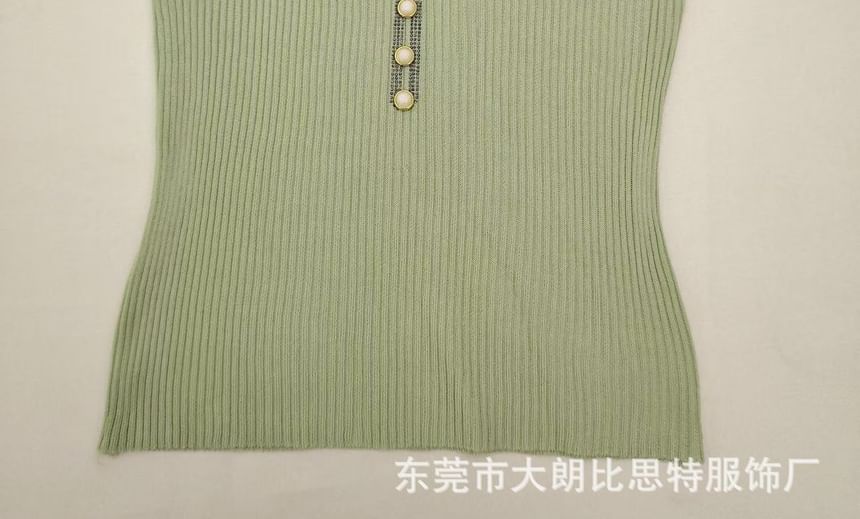V-Neck Faux Pearl Button Lace Panel Ribbed Knit Camisole Top