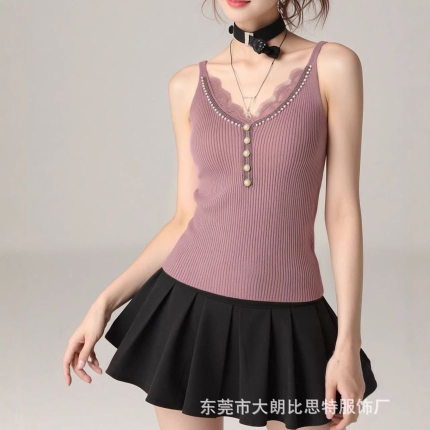 V-Neck Faux Pearl Button Lace Panel Ribbed Knit Camisole Top