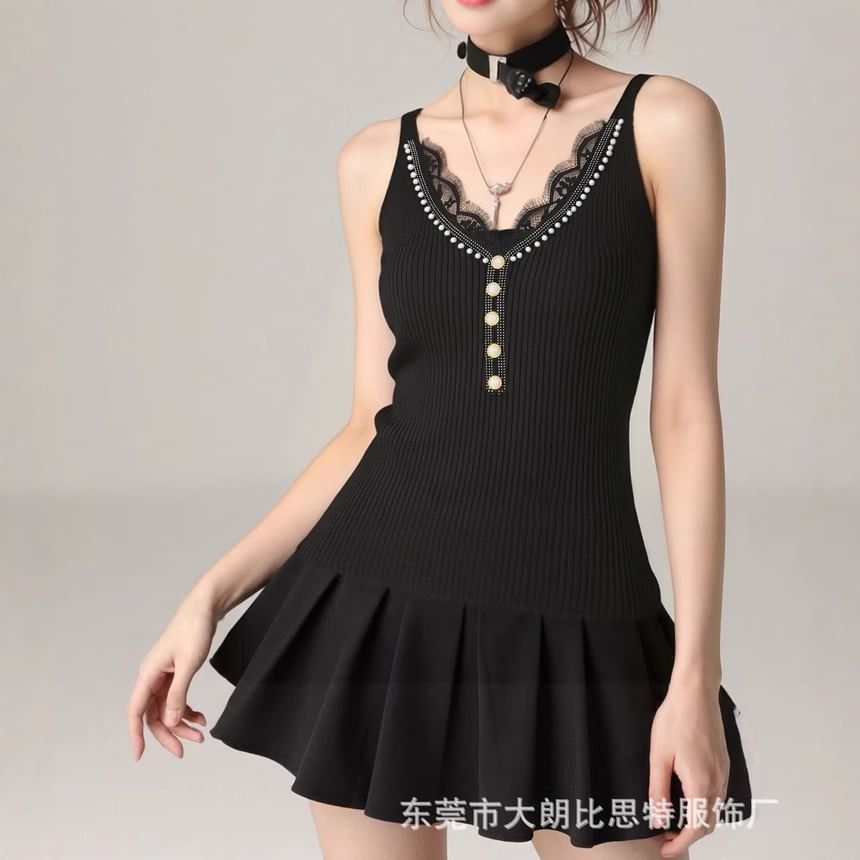V-Neck Faux Pearl Button Lace Panel Ribbed Knit Camisole Top