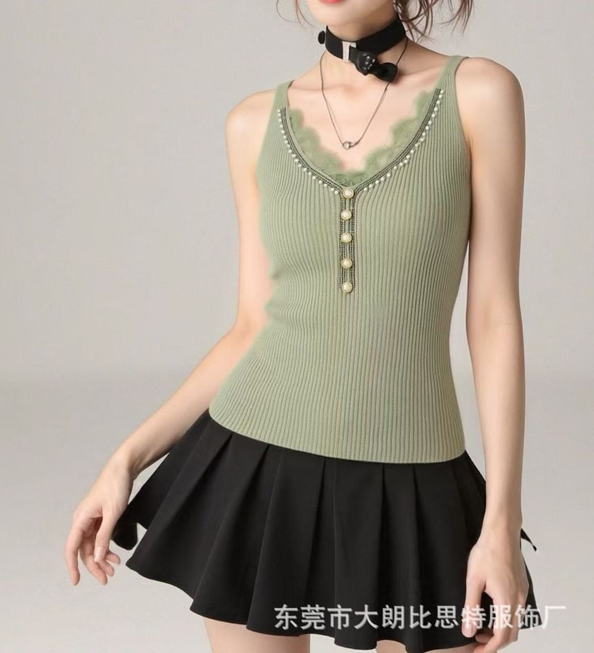 V-Neck Faux Pearl Button Lace Panel Ribbed Knit Camisole Top