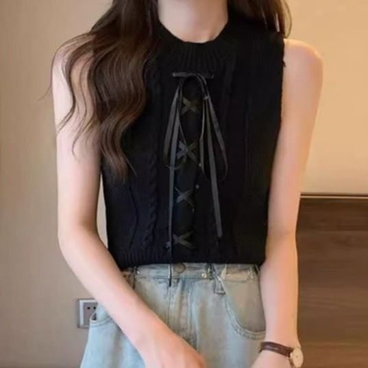 Sleeveless Crew Neck Plain Lace Up Cable Knit Crop Top
