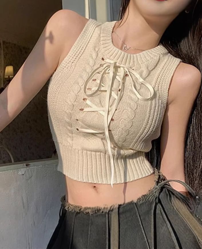 Sleeveless Crew Neck Plain Lace Up Cable Knit Crop Top