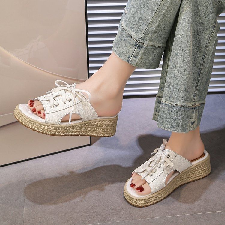 Lace-Up Platform Faux Leather Slide Sandals