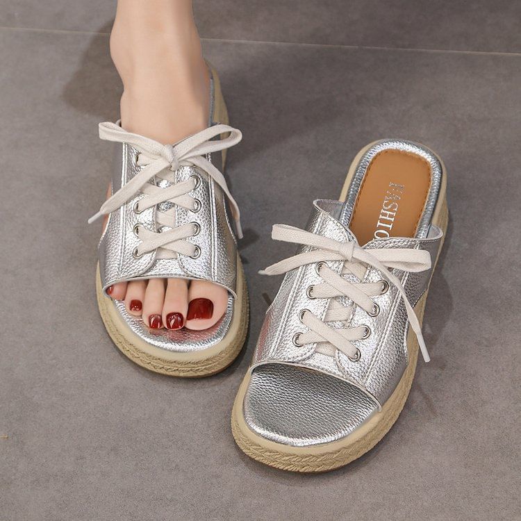 Lace-Up Platform Faux Leather Slide Sandals